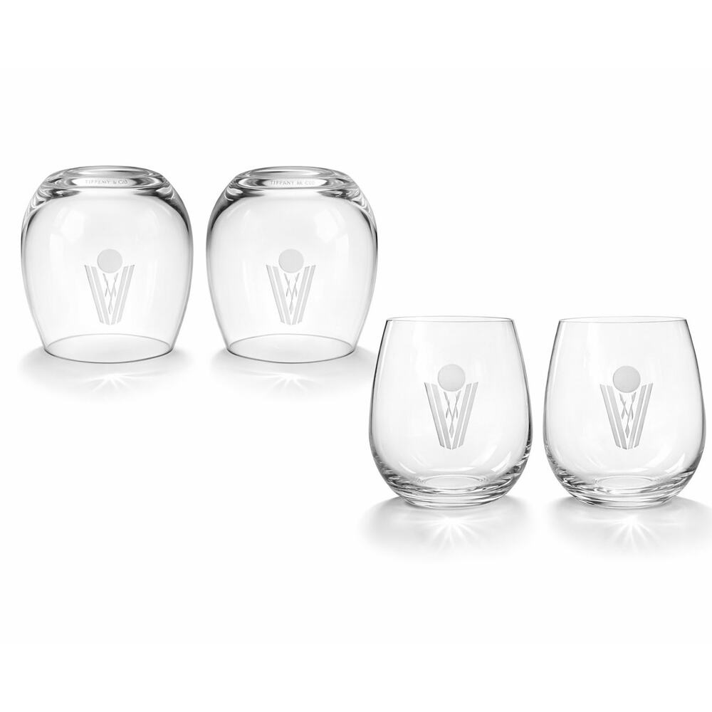 Tiffany & Co Set Of 2 Stemless Wine Glass Etched With Basketball & Hoop